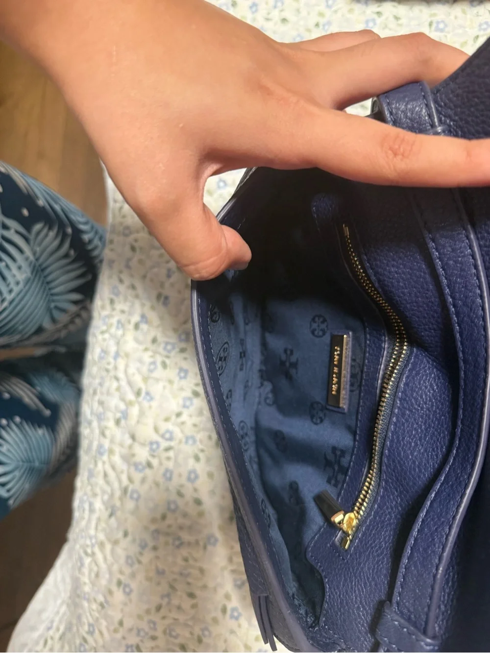 Tory Burch Navy Pebbled Leather Crossbody with Gold Logo